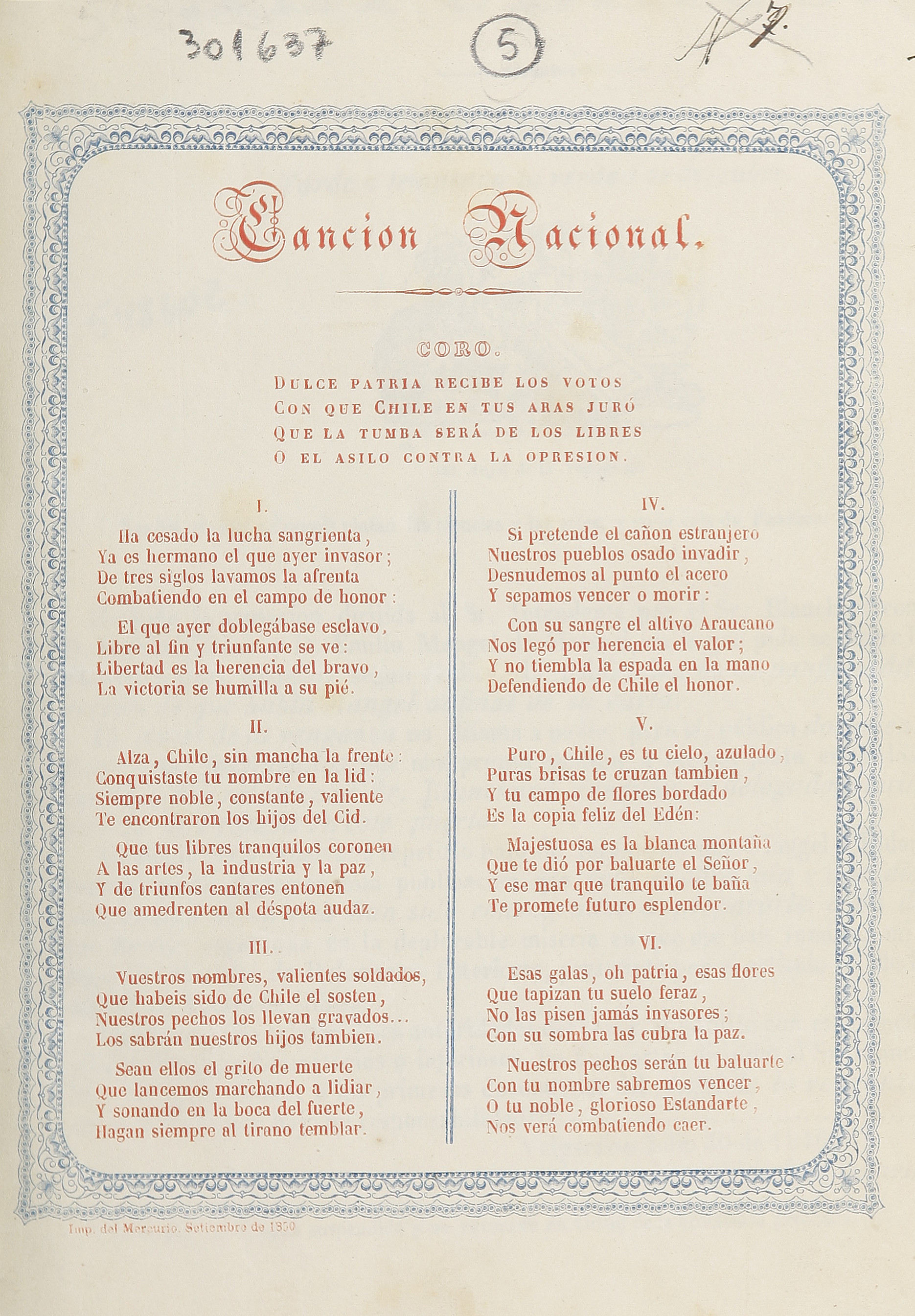 Canción Nacional De Chile Memoria Chilena Biblioteca Nacional De Chile